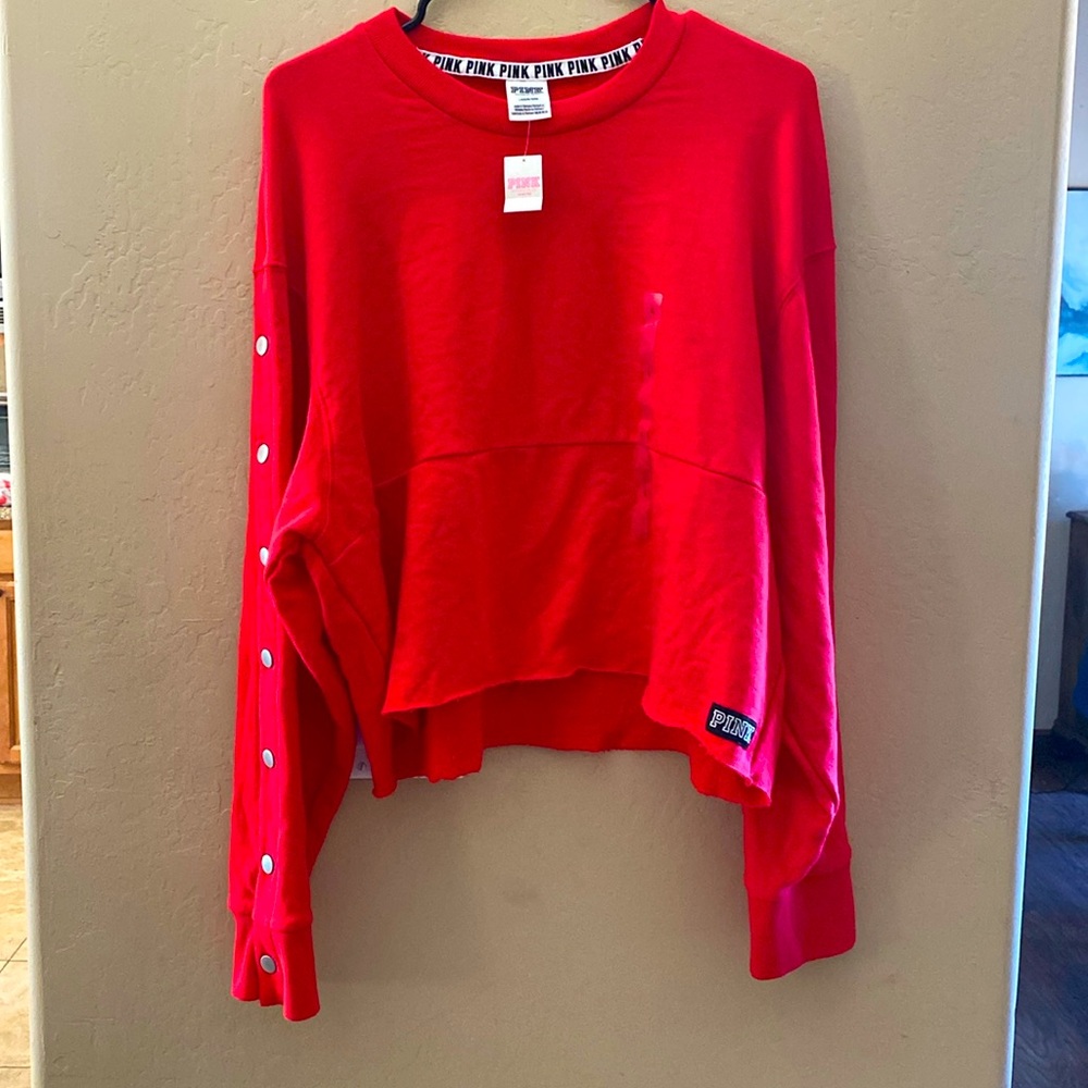 VS PINK NWT Red Snap Sleeves Crop Sweatshirt Large